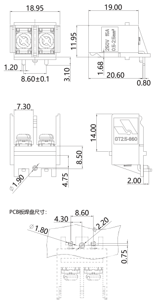 柵板式端子臺GT2.5-860-02P圖紙