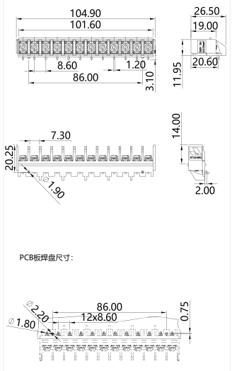 柵板式端子臺(tái)GT2.5-860-12P圖紙